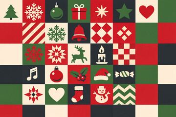 Obraz premium A vibrant and festive quilt pattern featuring a variety of Christmas symbols on a black background.