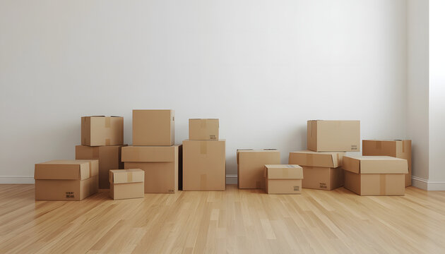 Brown cardboard boxes stacked in an empty room with wooden floor