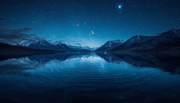 There is a large body of water surrounded by mountains under a sky full of stars