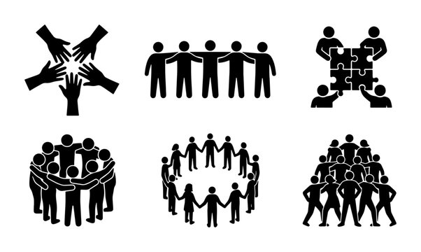 Teamwork and Unity Icons: Diverse Group Formations, Collaboration, Community, Connection, Business Concepts, Vector Set