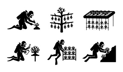Coral Reef Restoration Icons, Marine Conservation Divers, Underwater Farming Vector Set © Jannatul
