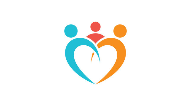 Colorful flat vector illustration of three connected human figures forming a stylized heart shape symbol