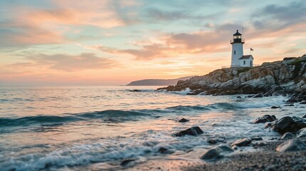 Fototapeta premium Lighthouse above rocky shoreline at sunset