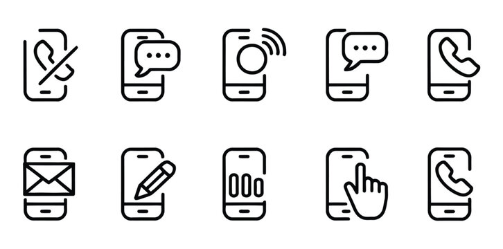 Phone icons vector set, call, telephone, chat, voice, and battery symbols for mobile communication, messaging apps, UI/UX design, and digital interface elements