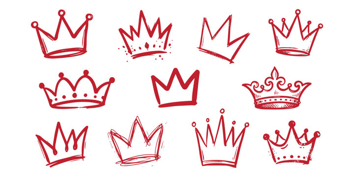 Set of hand drawn red doodle crowns for royal and princess themed design elements