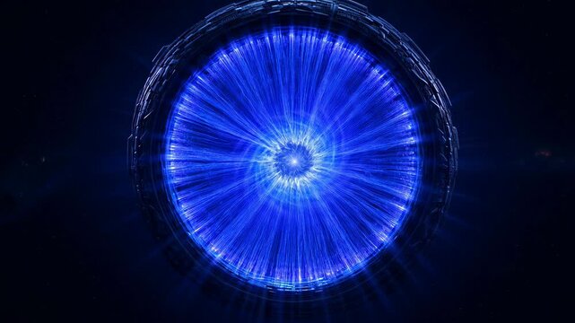 Glowing blue energy vortex pulses with light rays radiating outward. Dark background enhances the luminous