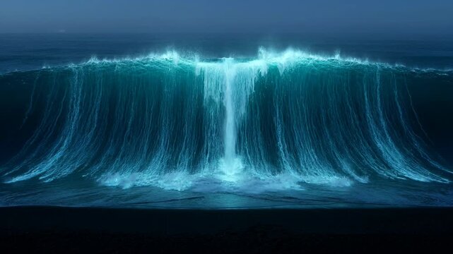 Massive wave crashes at night, glowing with eerie blue light. Water cascades down in dramatic, frozen-like sheets