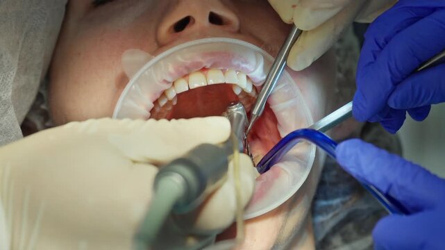  A close-up of dentists drilling a hole for a dental implant in the jaw of a young adult female patient with a dental drill, while draining excess saliva. Footage of a real-life surgical procedure