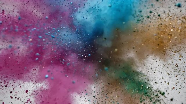 A dynamic explosion of vibrant colored powder against a clean white background.
