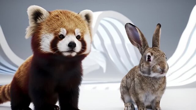 A red panda and a rabbit stand side by side in a modern environment.