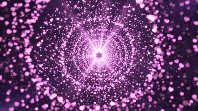 A swirling tunnel of pink heart-shaped bokeh lights glows brightly at the center.