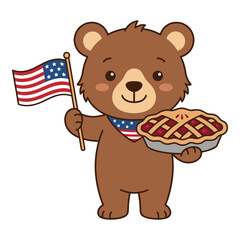 Fototapeta premium Cute cartoon bear holding american flag and cherry pie wearing patriotic bandana.