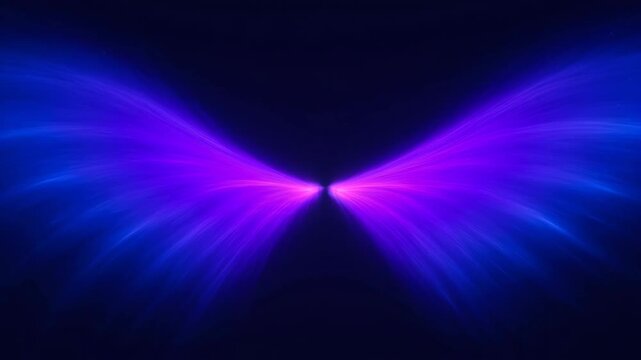 Vibrant purple and blue light beams spread outward from a central point. Dark background enhances glowing energy effect