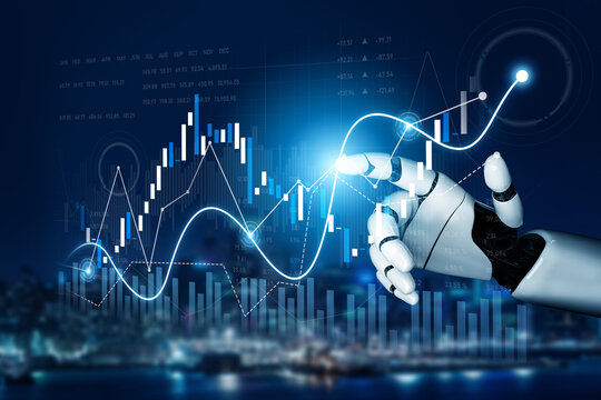 A robotic hand points at digital graphs and charts, symbolizing the integration of technology and finance, representing innovation and advanced data analysis. Scalp