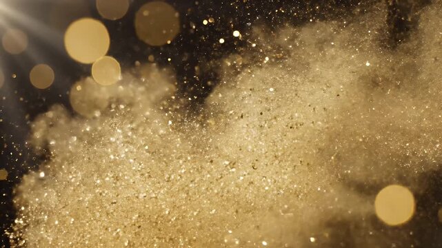 Golden dust particles explode against a dark background with light rays.