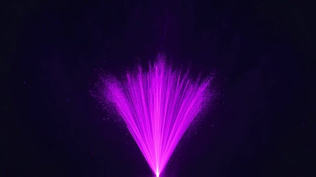 Vivid purple laser beams burst outward against dark background. Light radiates in sharp, glowing streaks