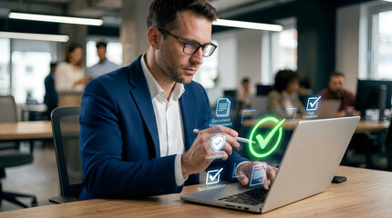 Fototapeta premium Businessman using laptop with digital checkmark icons in office