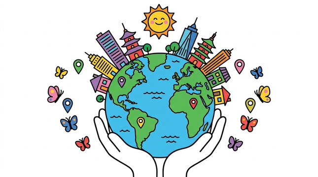 Cartoon illustration of hands holding the Earth with cities, sun, and butterflies on a white background