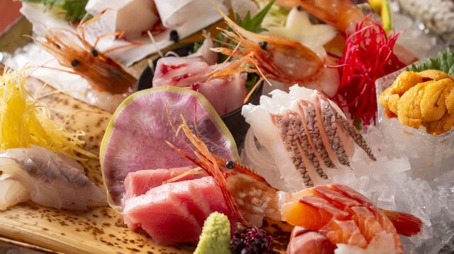 Assorted fresh sashimi platter with scallop, flounder, salmon and tuna slowly revealed by panning camera on black background
