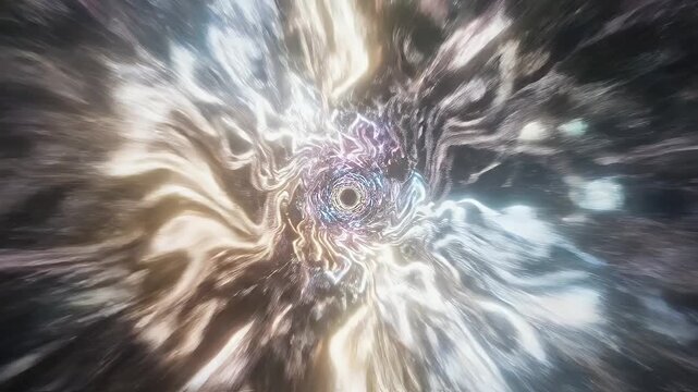 A vibrant, abstract tunnel of light and energy moves into the distance.