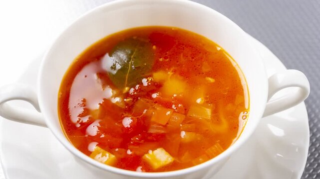 Tomato based vegetable soup with diced vegetables and herbs in white bowl revealed by slow panning camera
