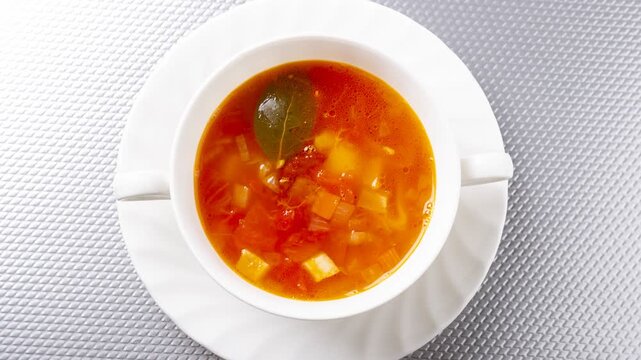 Tomato based vegetable soup with diced vegetables and herbs in white bowl revealed by slow panning camera
