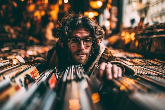 Young man with curly hair and glasses browsing through vinyl records in a store