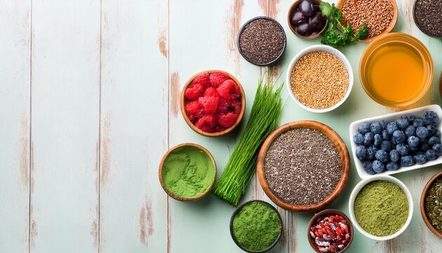 Flat Lay Of Top Superfoods Including Chia Seeds Spirulina Powder Chlorella Powder Goji Berries Acai Berries Maca Root Powder Coconut Water Honey Quinoa Seeds And Wheatgrass Sprouts