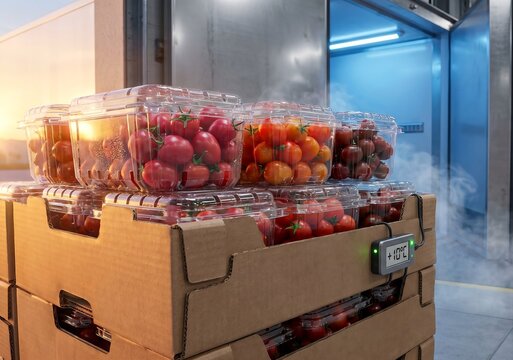 Smart cold chain logistics background. Close-up of packaged organic plum and cherry tomatoes in cardboard boxes by a refrigerated storage truck