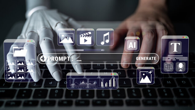 Close-Up View of a Robotic Hand and Human Hand Interacting with Digital Interface on Laptop Keyboard in a Futuristic Tech Environment Quark.