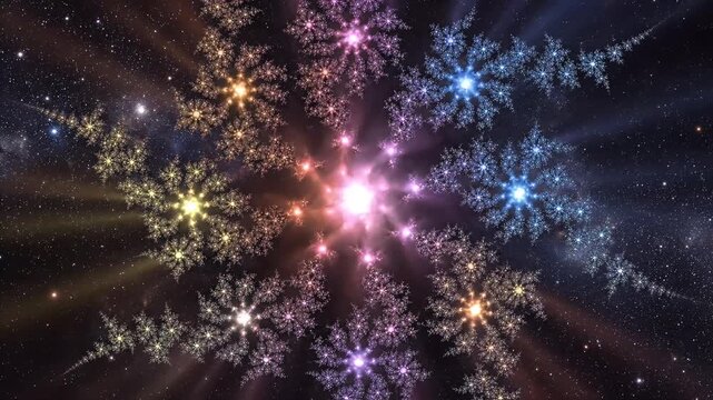 A dazzling fractal snowflake pattern glows against a starry night sky background.