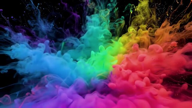 Vibrant colorful ink plumes exploding and swirling in water against a black background.