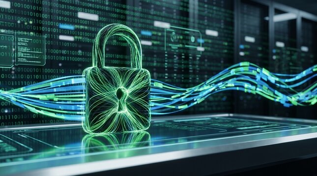 Digital Padlock Glowing Amid Server Room Data Streams