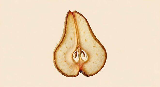 Single dried pear slice, dehydrated fruit half on beige background