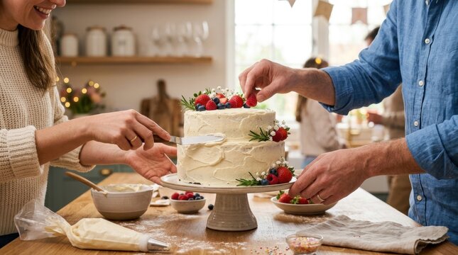 Couple decorating a frosted layer cake with fresh berries in a cozy home kitchen, hands arranging dessert on a stand during a warm baking moment for celebration and family gathering use