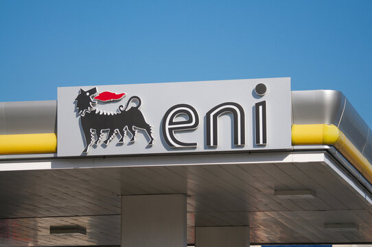 Eni energy company corporate logo sign close up on petrol station in Chiasso, Switzerland