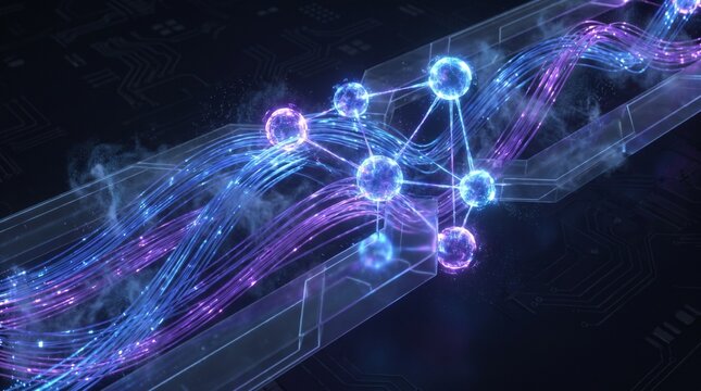 Glowing Digital Network Orbs on Circuit Board Background