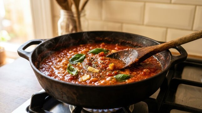 Steaming tomato sauce simmering in a cast iron skillet with a wooden spoon on a gas stove in a warm kitchen, rustic homemade cooking scene for dinner preparation and recipe concepts