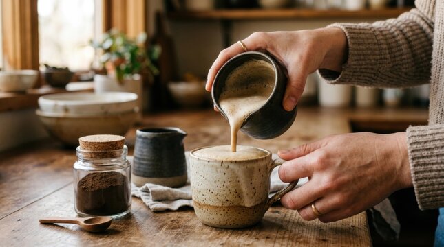 Hands pouring fresh coffee into a ceramic mug on a wooden kitchen table with ground coffee, spoon and jars nearby, creating a warm home morning scene for breakfast and lifestyle use