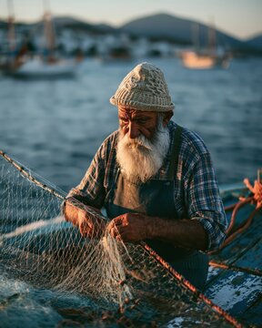 Elderly fisherman with white beard repairing fishing net on boat at sunset near shore