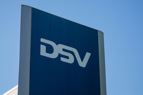 DSV logistics company corporate logo sign close up on building exterior in Switzerland