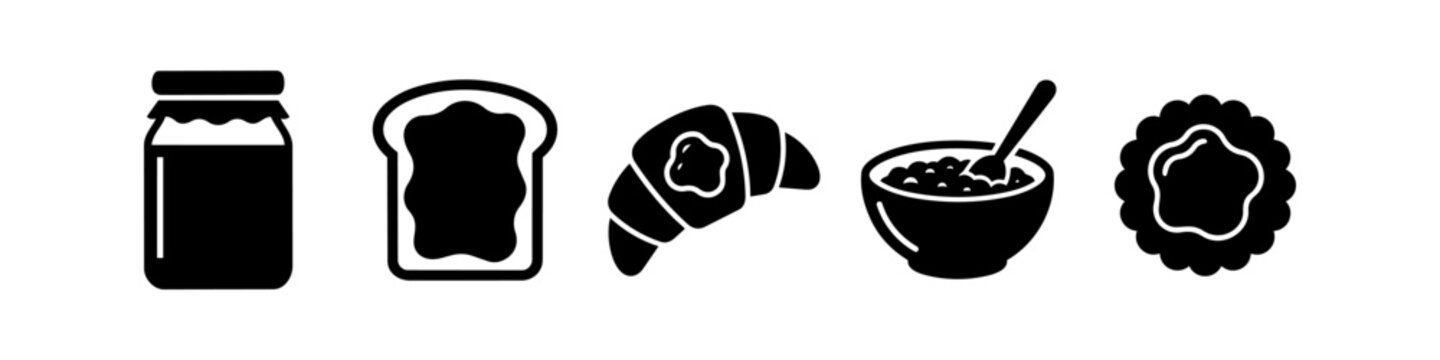 Vector icon set of jam jar, toast, croissant, porridge, and cookie. Flat black minimalist design.