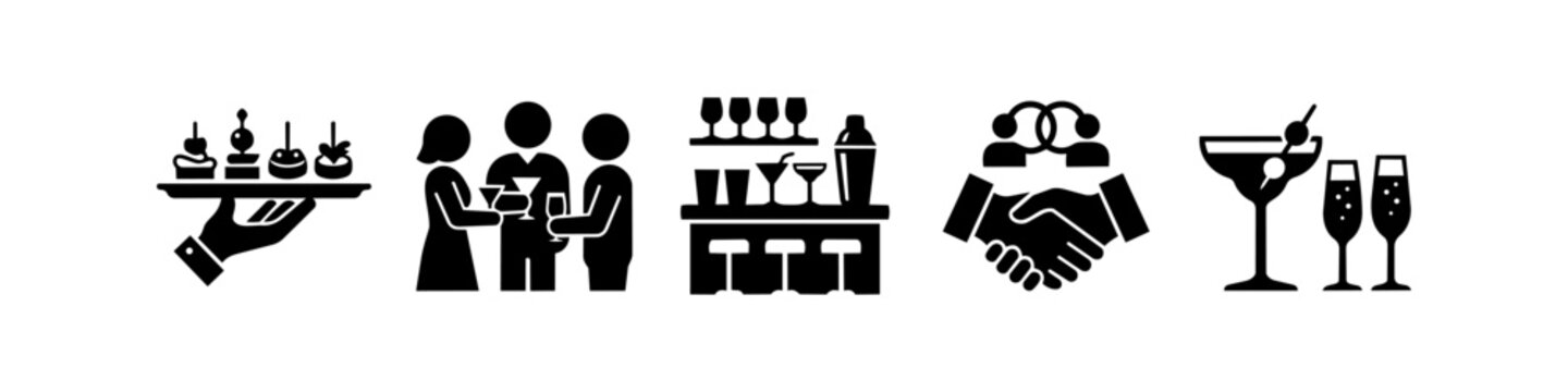 Minimalist silhouettes for networking events and cocktail parties, featuring bar service, catering, social groups, and handshakes. Professional icons for corporate hospitality and celebrations.
