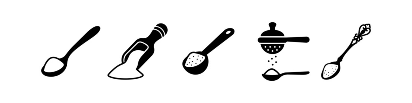 Set of minimalist black and white kitchen icons featuring spoons, scoops, and a sifter for measuring flour, sugar, or spices. Perfect for cooking, baking, and recipe illustrations.