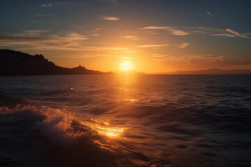 Obraz premium Beautiful Mediterranean Horizon With Warm Sunset Over Mallorca Sea Mediterranean Travel Background Peaceful Coastal Wallpaper
