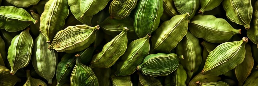 Cardamom texture, green cardamon seeds background, dry kardamon pattern, cardamum spice banner