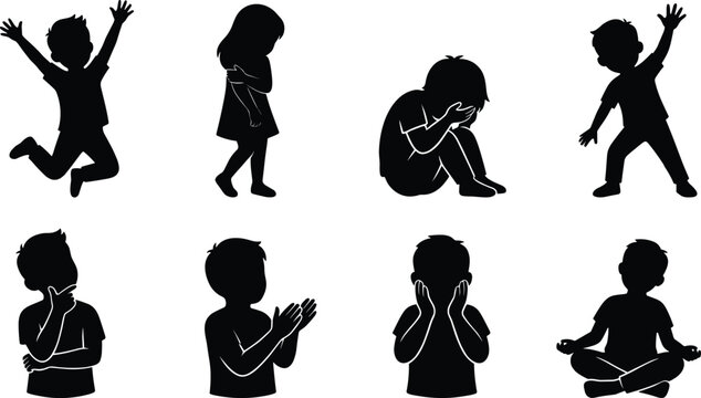 Children emotions and feelings silhouette set featuring kids jumping crying waving thinking clapping shocking and doing yoga meditation