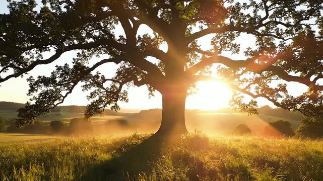 Majestic lone oak tree standing in a misty meadow at golden sunrise with warm sun rays
