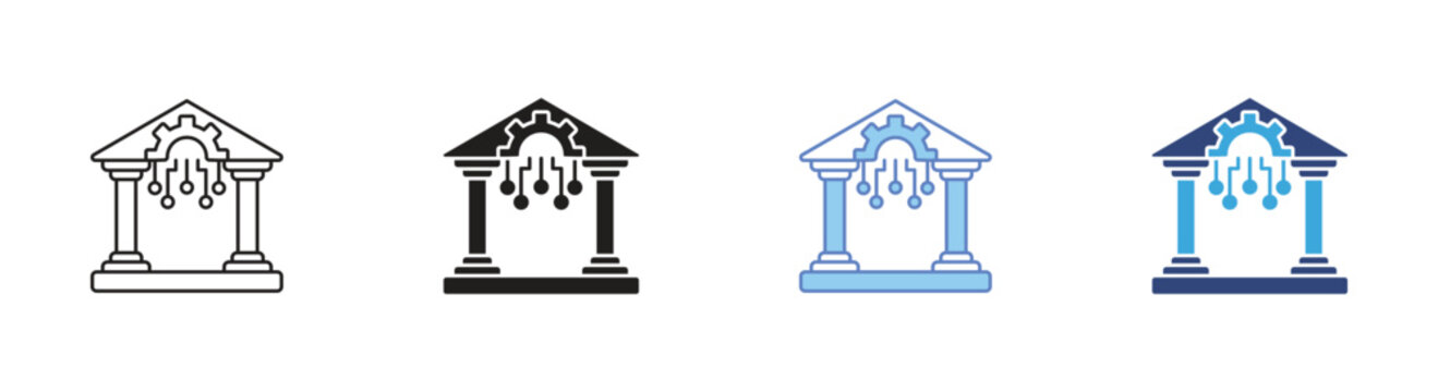 AI governance icons set, Digital regulation symbols, Tech policy icons, AI ethics oversight signs, Automated compliance vector icons
