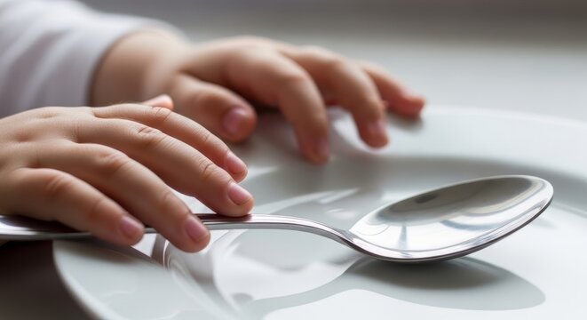 Child hands resting on an empty plate with a spoon. Waiting for food concept
